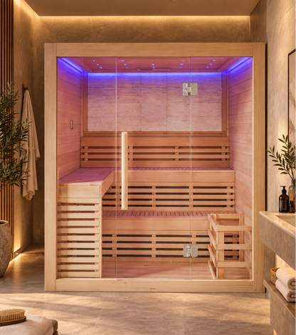 CenturaHeat 4 Person Canadian Hemlock Indoor Sauna with Stone Back Wall and 6kW Harvia Heater
