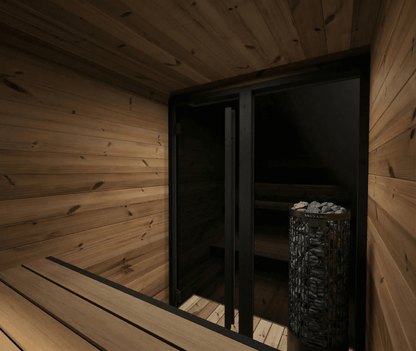 Wooden sauna interior with a stone heater.