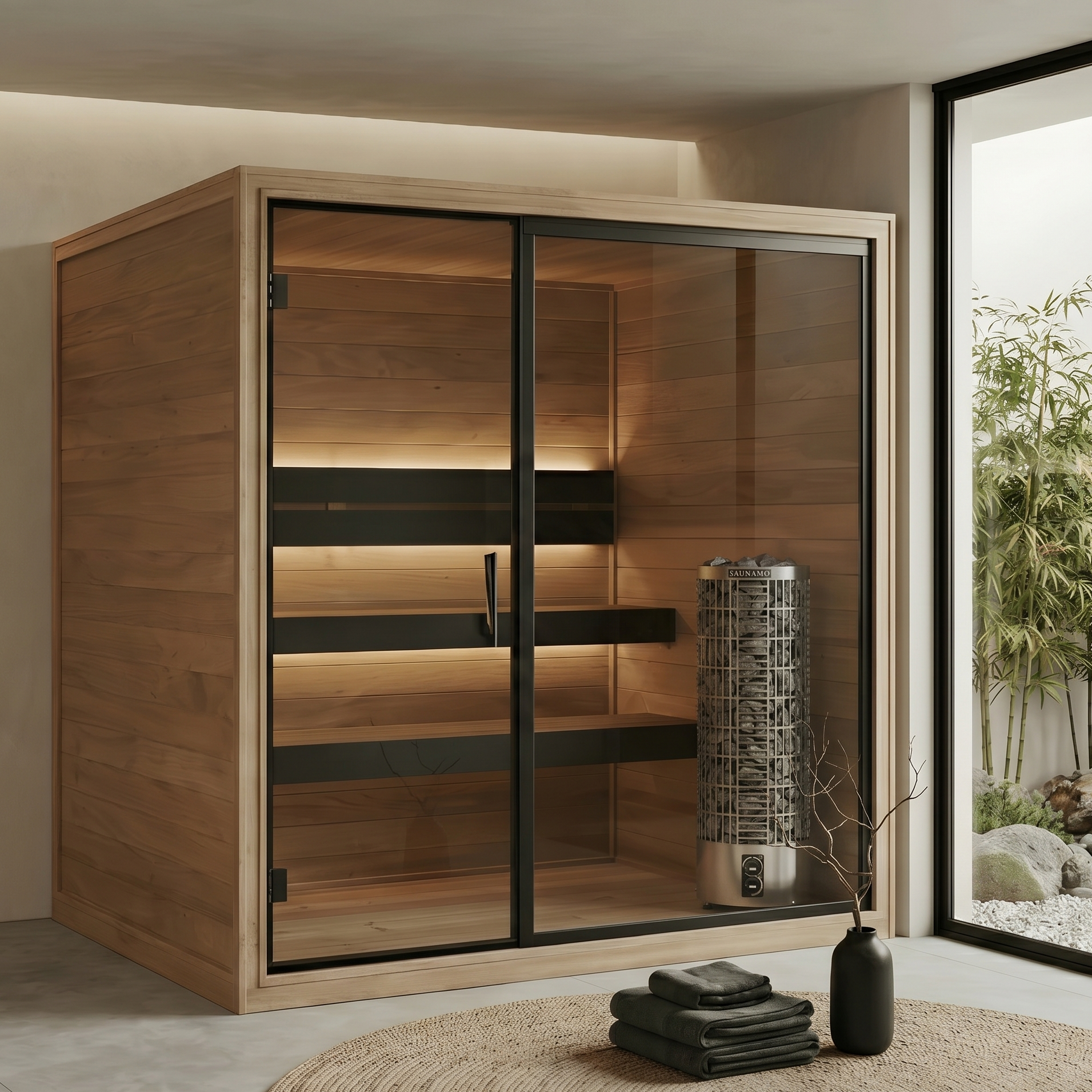 Thermo Black 220 Indoor Steam Sauna in a modern home setting