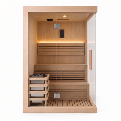 CenturaHeat 2 person Canadian hemlock indoor steam sauna with glass front and Harvia heater