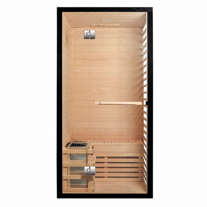 Front view of CenturaHeat two person Canadian hemlock indoor steam sauna with glass door, timber bench and Harvia heater guard