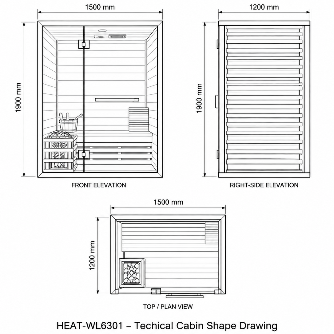 Technical cabin shape drawing for a sauna with labeled dimensions and three views: front elevation, right-side elevation, and top plan view. The image is a black-and-white line diagram with text reading HEAT-WL6301 and TECHNICAL CABIN SHAPE DRAWING.