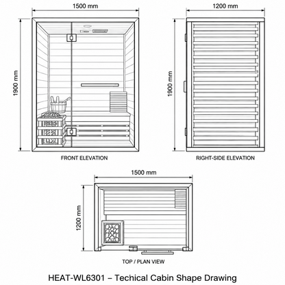 Technical cabin shape drawing for a sauna with labeled dimensions and three views: front elevation, right-side elevation, and top plan view. The image is a black-and-white line diagram with text reading HEAT-WL6301 and TECHNICAL CABIN SHAPE DRAWING.